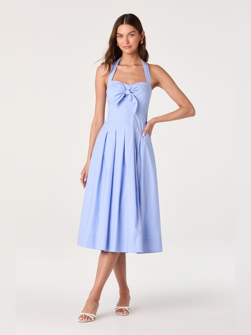 ASTR The Label Janae Pleated Halter Midi Dress Size Medium Blue